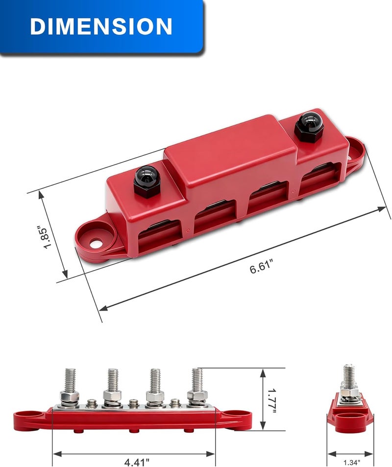 jamgoer Bus Bar 12V 150A Power Distribution Block 4 x 5/16"(M8) Studs Marine Bus Bar Battery Bus Bar with Cover for Marine Car RV Solar Wiring (Pair, Red & Black) - Image 2